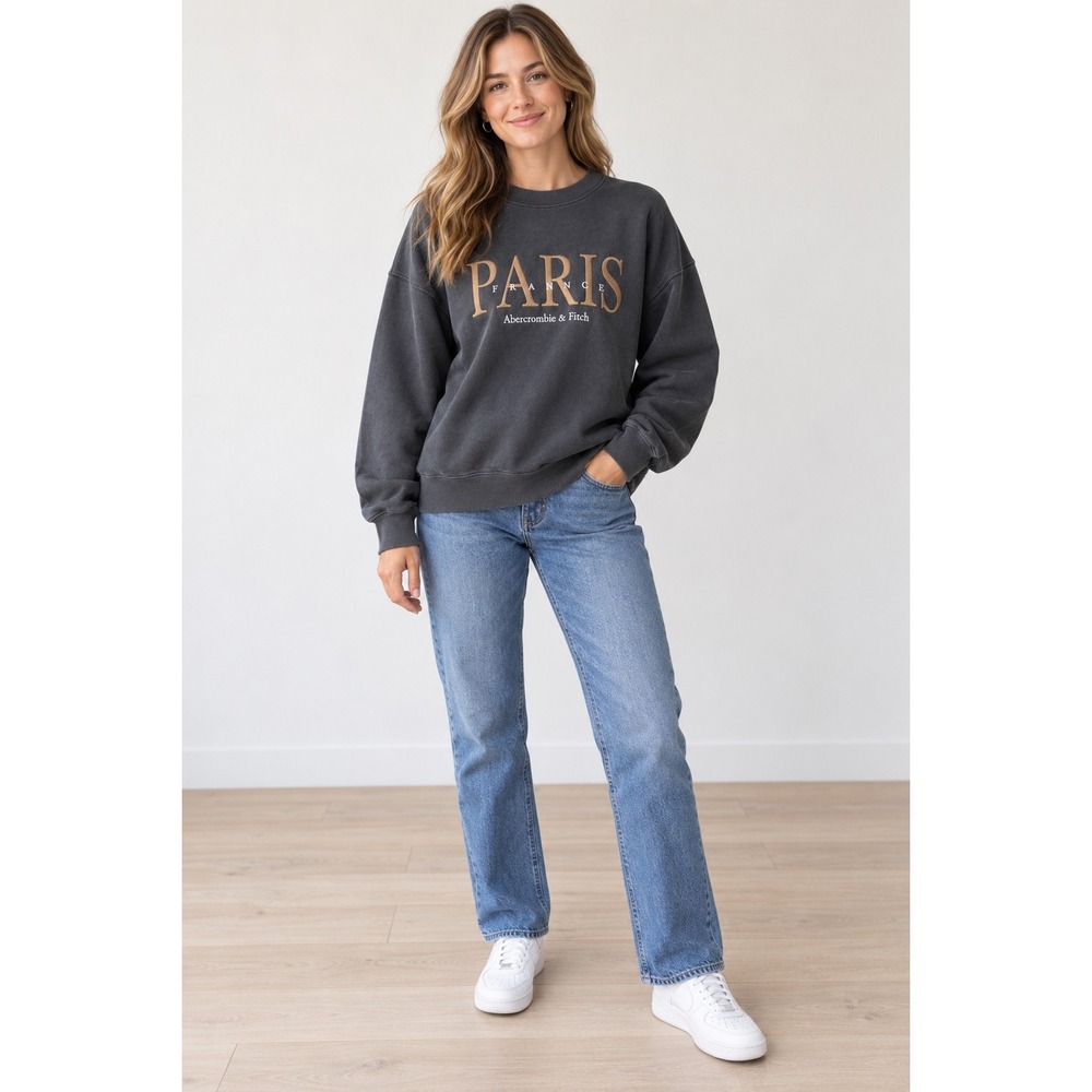 Abercrombie & Fitch Paris France Embroidered Sweatshirt Charcoal Gray Medium